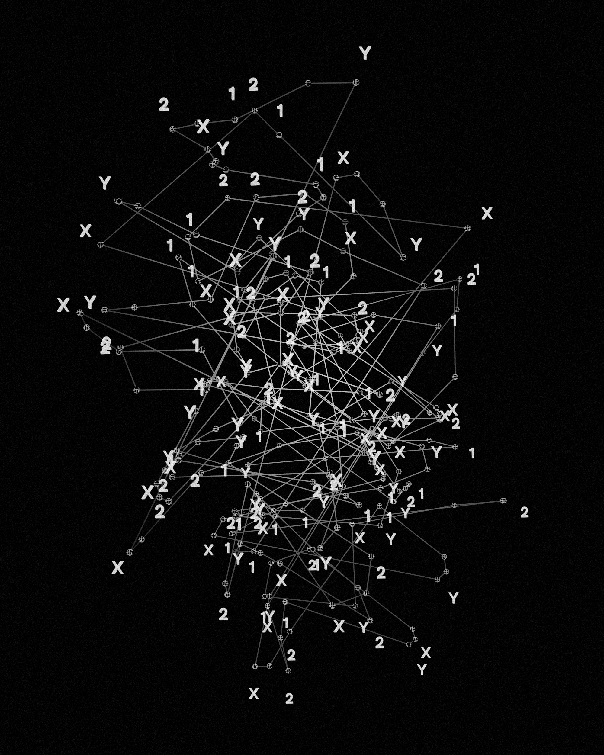 A black and white tree with letters and numbers