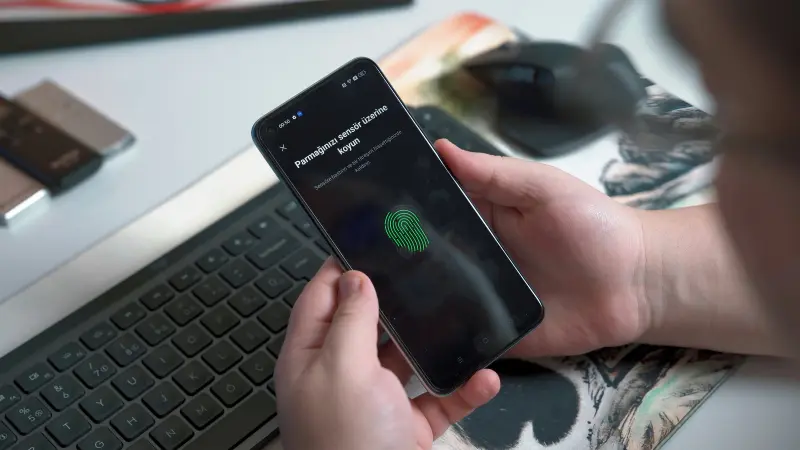 A man using fingerprint authentication on a new phone