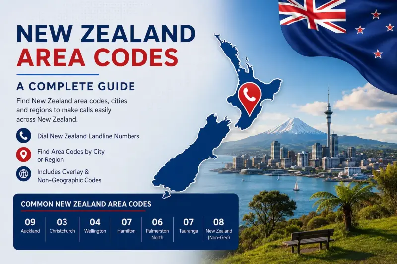 A map of New Zealand showing area codes available