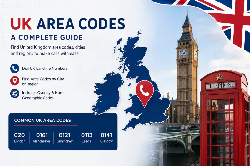 A picture of London with common area codes in the UK
